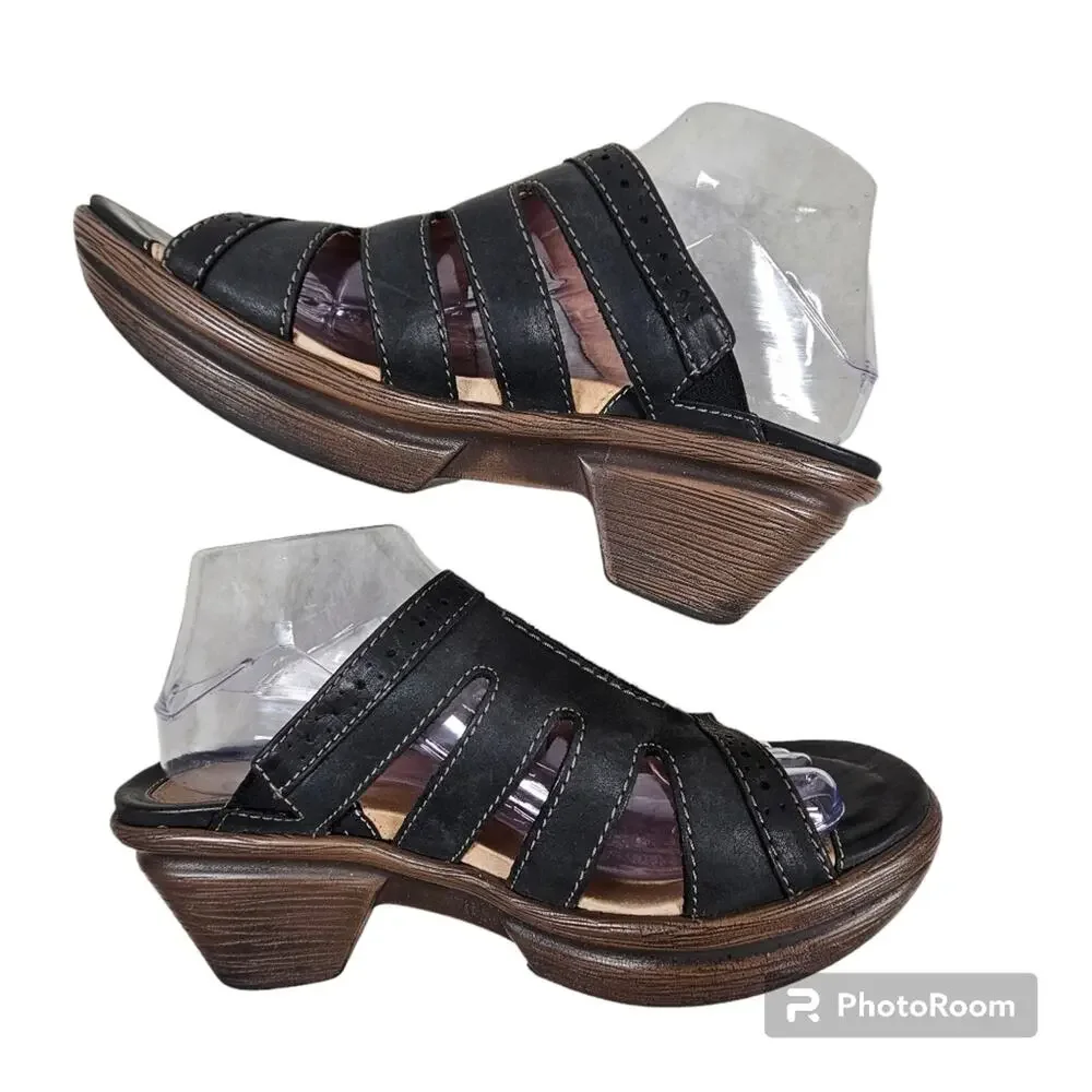 Sanita Nina Black Leather Peekaboo Slides Block Heel EU 40; US 9